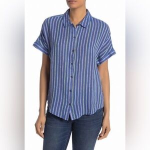 NWT Splendid Blue Picnic Stripe Linen Blend Blouse Short Sleeve Size MEDIUM